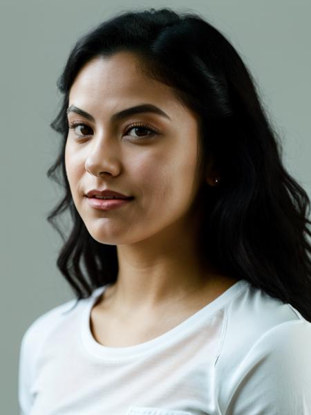 Realistic photo of a beautiful c4m1l4m woman,1girl,solo,long hair,smile,simple background,shirt,black hair,white background,brown eyes,closed mouth,white shirt,upper body,mole,black eyes,lips,looking to the side,realistic,nose, soft lighting, professional Photography, Photorealistic, detailed, RAW, analog, sharp focus, 8k, HD, high quality, masterpiece<lora:c4m1l4m:1.0>