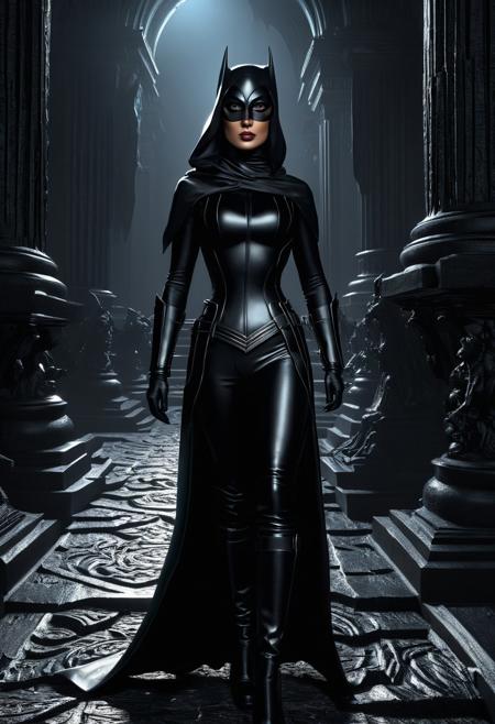 Expressionism - Georgeous wanderwoman superhero in black beautiful digital illustration horror Gustave Dore Greg Rutkowski, trending on Artstation Unreal Engine 3D shading shadow depth