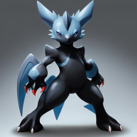 solo, blue eyes, simple background, closed mouth, standing, full body, pokemon (creature), no humans, black background, claws, colored sclera, animal focus