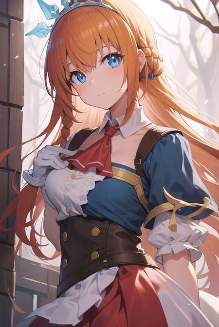 pecorine, blue eyes, hair ornament, long hair, orange hair, tiara, braid, hair braid, arm belt, armor, ascot, blue socks, boots, dress, gloves, hair ornament, open clothes, open dress, pauldrons, pleated skirt, puffy short sleeves, puffy sleeves, red ascot, red skirt, short sleeves, shoulder armor, single pauldron, skirt, socks, white dress, white footwear, white gloves,