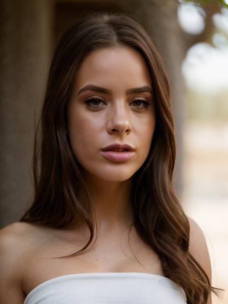 Realistic photo of a beautiful 4ll1s0np woman, 1girl,solo,long hair,looking at viewer,brown hair,bare shoulders,brown eyes,closed mouth,upper body,outdoors,sleeveless,day,blurry,lips,blurry background,realistic,nose, soft lighting, professional Photography, Photorealistic, detailed, RAW, analog, sharp focus, 8k, HD, high quality, masterpiece<lora:4ll1s0np:1.0>