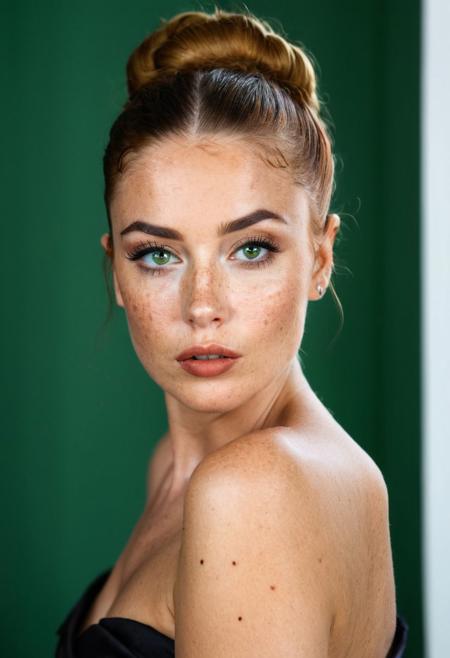 beautiful lady, (freckles), sultry pout, Green eyes, Salon styled updo hair, dark makeup, full pouty lips, large eyes, hyperdetailed photography, soft light, head and shoulders portrait, cover