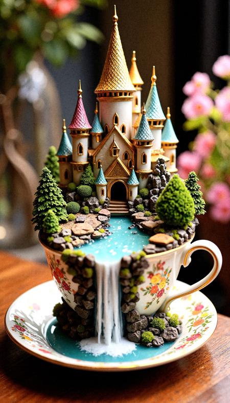 "A delicately crafted porcelain teacup holds a fantastical city within, its towering spires adorned with golden details and colorful rooftops. Tiny trees and shrubs line the castle-like structures, while a crystalline waterfall flows from the elevated terrain to the base of the cup. The teacup and saucer feature intricate, gilded floral patterns, complementing the enchanted world they contain. Sparkling lights and glittering stars add a touch of magic, with a softly blurred background of flowers and a warm, inviting interior setting."
 <lora:FluxDFaeTasticDetails:0.2> <lora:aidmaHyperrealism-FLUX-v0.3:0.8>