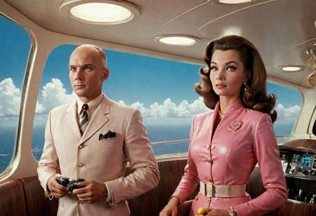 A 3d stereoscopic color photograph,Two tourist from Autonation, An extremely handsome shaved Bald head man, and his gorgeous bombshell long wavy hair brunette Brazilian wife, Aboard a luxurious futuristic skyship, looking out a window to see an incredible society with a fruit centric culture, 1960s retrofuturism, b-movie, pulp, campy,