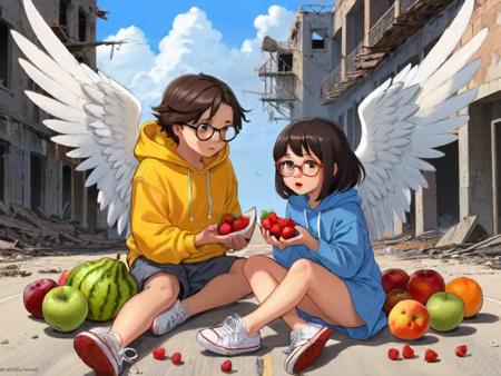 little thunder style, little thunder, style,1girl,long hair,short hair,brown hair,shirt,black hair,long sleeves,1boy,dress,sitting,white shirt,outdoors,food,wings,sky,shoes,glasses,shorts,barefoot,hood,hoodie,fruit,blue dress,hood down,ground vehicle,building,red footwear,motor vehicle,black wings,demon wings,angel wings,rock,drawstring,car,ruins,debris,yellow hoodie
<lora:merged model:1>