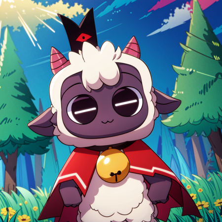the lamb, solo, horns, neck bell, horizontal pupils, black eyes, black skin, furry, sheep horns, sheep, white hair, red cape, animal ears, crown, sheep ears, goat, tail,