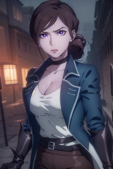 castlevaniajulia, brown hair, (purple eyes:1.1), short hair, hair bun, mole, makeup, single hair bun, lipstick, mole under mouth, red lipstick, shirt, gloves, cleavage, collarbone, jacket, white shirt, choker, black gloves, belt, pants, blue jacket, brown pants,