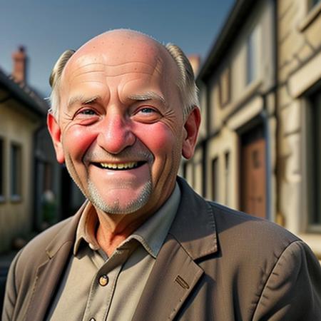 GS_GarethFinnigan, Old man smiling looking at the sun,, realistic, photo