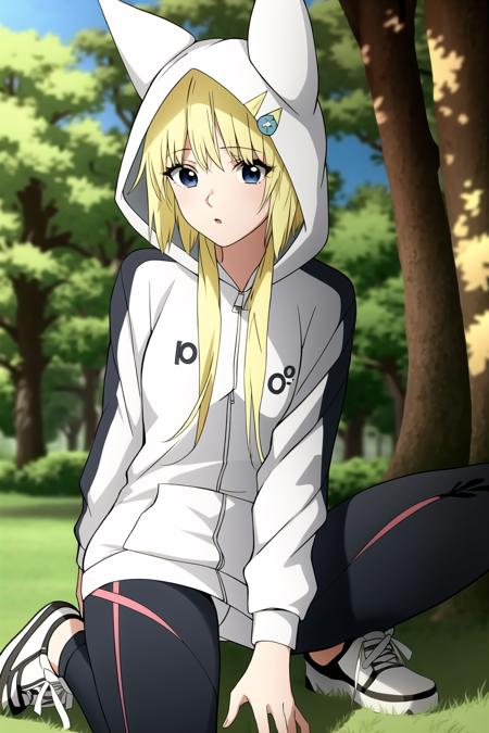 1girl, konjihen, kon, hoodie, leggings, hood, blonde hair, blue eyes, sneakers, grass, tree, park