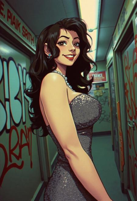 1girl, indoors, stall, graffiti, naughty smile, motion lines, outline, standing, profile, posing, big ass, dark hair, wavy hair, necklace, pearl earrings, cleavage, large breasts, sleeveless dress, sequined dress, suggestive, grainy, vhs quality, scan lines, close-up