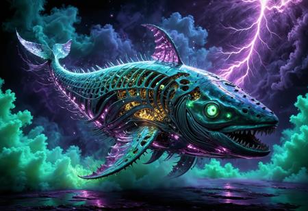 Ultra-detailed painting of a 'Clockwork Leviathan' — a colossal biomechanical whale floating in a neon-drenched void, its metallic ribs exposing gears that turn with liquid mercury. Thousands of tiny humanoid figures crawl inside its machinery, maintaining the illusion of life. The creature's eye is a shattered portal to a dying star, and its tail dissolves into fractal smoke. Style: hyper-realistic oil painting meets glitch art, with insane texture contrast (smooth chrome vs. cracked porcelain skin). Lighting: toxic green and deep violet, as if the scene is lit by a dying galaxy <lora:FluxDFaeTasticDetails:1> <lora:glowneon_xl_v1:1> glowneon, glowing, sparks, lightning  <lora:aidmaImageUpgraderSDXL-v0.3:1> aidmaImageUpgrader
