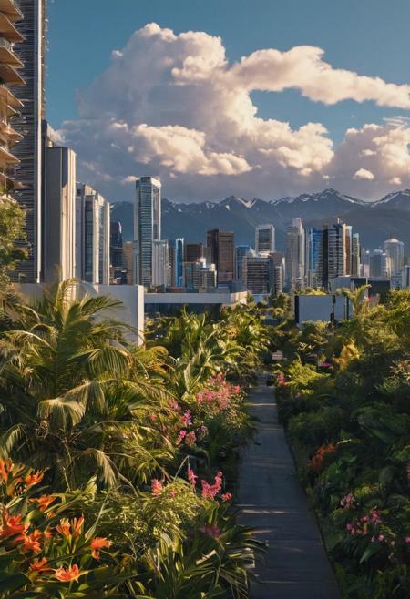 A photorealistic scene of Anchorage, Alaska during the summer solstice, but with a tropical climate. The cityscape features modern and cyberpunk buildings with neon lights, set against a backdrop of lush, vibrant tropical vegetation and palm trees. The sky is a deep blue with a few fluffy white clouds, and the sun is high, casting a warm, golden glow. The streets are lined with exotic flowers and greenery, contrasting with the sleek, metallic architecture. The atmosphere is a blend of futuristic and tropical, capturing the essence of a unique and imaginative urban environment. High-resolution, detailed textures, and a dynamic interplay of light and shadow.