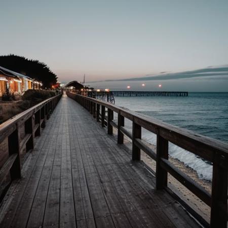 Bay,Near the seaside pier, at night, on the left side along the coastline, there is a stretch of wooden boardwalk with streetlights. Below the boardwalk is the beach, while on the right side stretches the endless sea,raw photo, cozy, photorealistic, high detailed texture, 8k uhd, dslr, soft lighting, high quality, film grain, Fujifilm XT3, highly detailed photography, (muted colors, cinematic, dim colors, soothing tones:1.2), vibrant, insanely detailed, hyperdetailed, (dark shot:1.2), (vsco:0.3), (intricate details:0.9), (hdr, hyperdetailed:1.2)