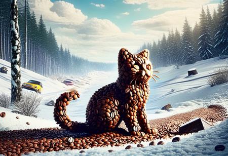 cuteup, cute, cutieup, neko made of coffee beans, coffee beans, cat made of coffee beans, snow, ice, Surreal with macabre undertones, earthy surreal edge,  feline made out of countless coffee beans, snow, ice, hyper detail, masterpiece, score_10, randshadscree, anime drawing style, anime movie, driving at high speed,countless galaxy,yellow, kitty made out of coffee, snow, ice, bright blue and yellow energized sport car, score_9, score_8_up, score_7_up, score_6_up, shiny, shiny, cloudy forest, Made of fluffy clouds, clutter, trash, fr0stwrld, snow, ice, coffee beans, coffee, cafe,