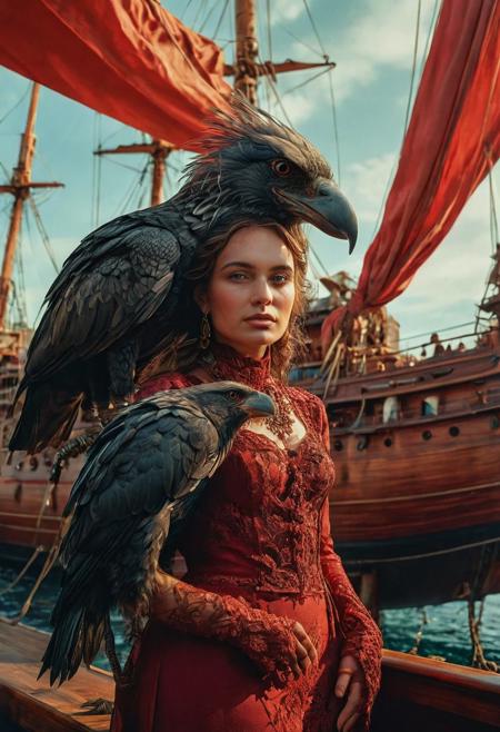 races mingling embraced, and towering masted ships.  A bold color palette of rich reds, natural lighting, volumetric lighting maximalist. intricately detailed, create an ad posters with pro-grade color grading, studio lighting, Ernest hemingway and an eagle, elegant, fashion photography painting, in the style of  raven portrait, intricate stunning highly detailed, abstract,  fantastical, film photography style, light grain, ,Heather Theurer