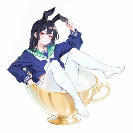 in container, 1girl, solo,
 pantyhose, long hair, white pantyhose, red eyes, skirt, school uniform, black hair, no shoes, animal ears, white background, blue skirt, simple background, serafuku, bangs, white sailor collar, rabbit ears,sailor collar, long sleeves, blue serafuku, fake animal ears, blue shirt, shirt, neckerchief, green neckerchief, 
full body, sitting ,(teacup:1),in teacup,looking at viewer,