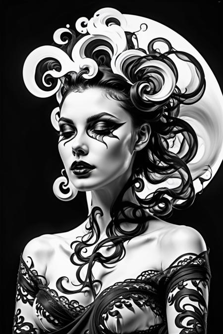 Santa Muerte, best quality, digital painting, extremely smooth, fluid, 3d fractals, light particles, dreamy, smooth, shimmering, dreamy glow, conceptual art by alberto seveso, anna dittmann, arthur rackham, harmonious color scheme, 32k, dry charcoal and crimson color inks line art dreamy female portrait with lot of lace filigrees on black canvas illustration described in the perfect fractal style of Vassily Kandinsky, Jackson Pollock, Alphonse Mucha and Jeremy Mann, HQ, 4K Modifiers: 4K 3D
 <lora:Gloom:0.6>, Gloom