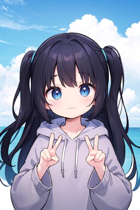 1girl, peace sign, wide sleeves, hoodie, puffy sleeves, close-up, purple hoodie, black hair, blue eyes, head tilt, :3, blue sky, two side up