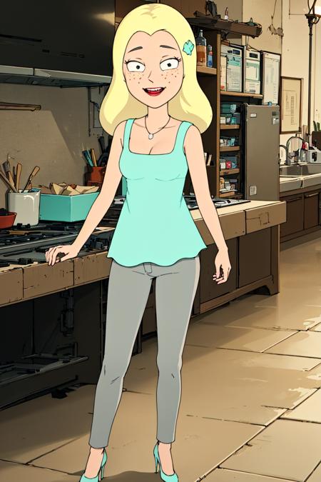  diane, 1girl, blonde hair, solo, freckles, long hair, necklace, cleavage, aqua shirt, smile,sleeveless, pants, high heels