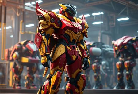 A majestic super armored mecha robot in red and yellow plating with ornate gold accents, black visor, black backpack, black gloves, black boots. Standing tall and proud, head slightly tilted, observing. Epic scale futuristic machine assembly line background. Dynamic isometric view, highly detailed, intricate, captivating cinematic lighting, Octane render, Unreal Engine 5, trending on Artstation, CGSociety, matte painting, splash ink illustration, 4k, Golden Ratio, impeccable composition.