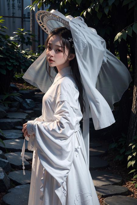 1girl, (white_veil_hat:1.35), masterpiece, 8k, best quality, photorealistic, <lora:veilhat_v2:0.6>,  chinese clothes