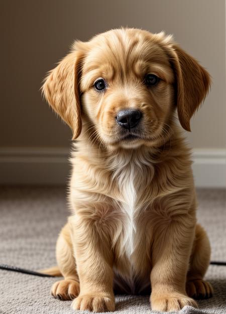 hyper realistic image of a golden retriever puppy, sitting down and looking at viewer, joy, happy, detailed face, blue eyes