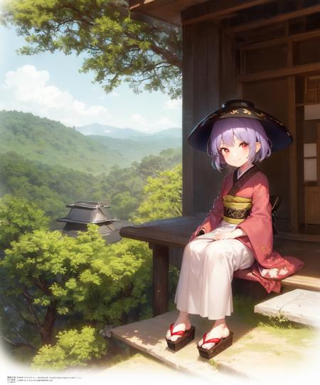 1girl, sukuna shinmyoumaru, solo, short hair, purple hair, red eyes, kimono, dress, bowl hat, bowl, sitting, outdoors, forest, japanese architecture, fantasy, smile, looking at viewer <lora:char-shinmyoumaru-64:1> geta