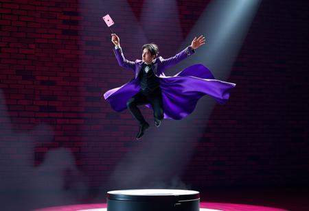 Highly detailed acrobatic magician in dynamic mid-air pose, juggling pink card & black staff, elaborate purple & black costume, on spotlighted stage base, gritty red brick wall backdrop. 4K, Unreal Engine 5, Octane render, dramatic lighting, cinematic, Golden Ratio, Artstation trending, Splash Ink illustration.