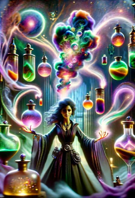 hyper detailed semi realistic 2.5D digital art masterpiece, dynamic, awesome quality,  female biowitch, control over quantum particles and reality, robotpunk  potion magic myriad of tiny swirling vials filled with liquids of every imaginable color, glowing softly, each vial emits a unique pattern of sparkles or smoke, representing the intricate and varied effects of potion magic, air is filled with a symphony of subtle, enchanting scents, hinting at the powerful transformations contained within each concoction <lora:DonMM4g1cXL_v1.2:0.8> DonMM4g1cXL,  <lora:Perfect Hands v2:0.8> Perfect Hands