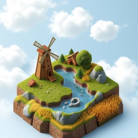 3D realistic, isometric mini world,  video game map, river, watermill, wooden watch tower, wheat field, stone pathway, clouds