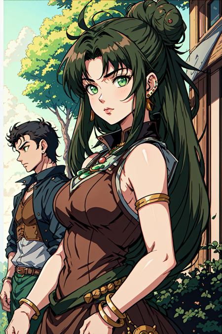 1boy, 1girl, black hair, border, bracelet, breasts, brown hair, closed mouth, cowboy shot, dress, green hair, ground vehicle, hair bun, jewelry, letterboxed, lips, long hair, medium breasts, short hair, solo, stud earrings, tree, upper body <lora:MjManga:0.8> mj manga