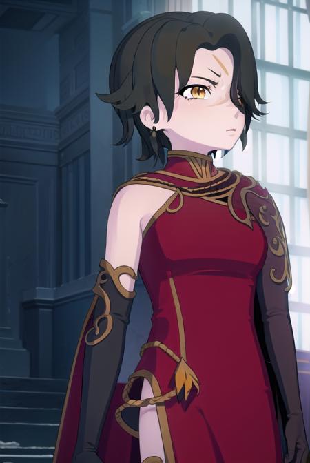 cinder fall, short hair, black hair, (yellow eyes:1.5), thighhighs, gloves, jewelry, boots, shorts, black gloves, belt, cape, thigh boots, bandages, dress, black dress, black cape, eyepatch, gloves, dress, jewelry, earrings, black gloves, elbow gloves, hair over one eye, tattoo, scar, chinese clothes, red dress, china dress,