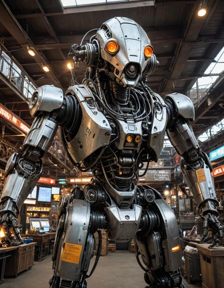 nomad trading post, traveling merchants, bartering, diverse goods (combustion, worm's eye view:1.2), Cybernetic robot , android, AI, machine, metal, wires, tech, futuristic, highly detailed, (masterpiece, intricate details:1.2)
