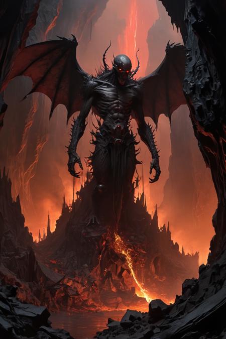 A nightmarish landscape of eternal torment, vast caverns of smoldering rock stretch endlessly. Rivers of molten lava wind through jagged obsidian cliffs, casting an eerie red glow. Tortured souls writhe in agony, their ethereal forms twisted and contorted. Demonic creatures with leathery wings and razor-sharp claws patrol the skies. Columns of black smoke rise from burning pits, obscuring a ceiling of stalactites dripping with liquid fire. In the distance, a colossal throne of fused bones looms ominously, occupied by a shadowy figure emanating malevolence. The air is thick with ash and the acrid stench of brimstone. Chains of searing metal crisscross the cavern, binding the damned to their eternal punishment. Hyper-detailed, dark fantasy art style, influenced by Hieronymus Bosch and Wayne Barlowe.