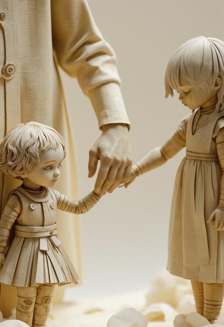 papercraft style, a little child is holding hands with mom. Close ups and macro photography captured the complex, surreal, and very realistic essence of this exquisite artwork