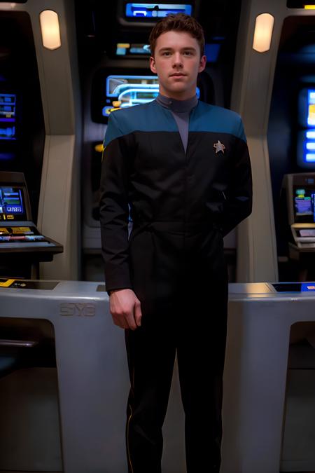 bridge of a starship, standing next to a control console, DustinKane, wearing blue voyunf uniform, (standing at attention), (((hands behind his back))), ((facing viewer)), (((full body portrait))), full body shot, wide angle   <lora:DustinKane:0.8>  <lora:VoyunfRefined:0.75>