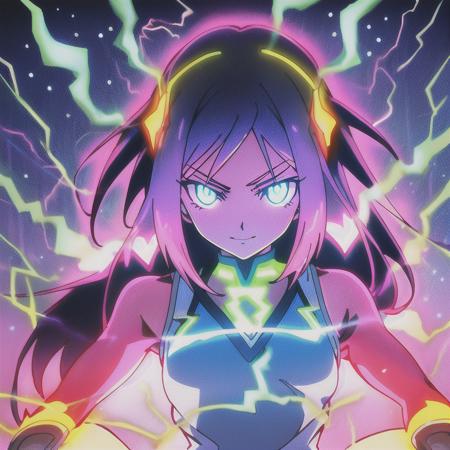 Niji style,  masterpiece, best quality,1girl,solo,electricity, glowing eye, lightning,lookind at viewer,colorful,bright colors,anime coloring