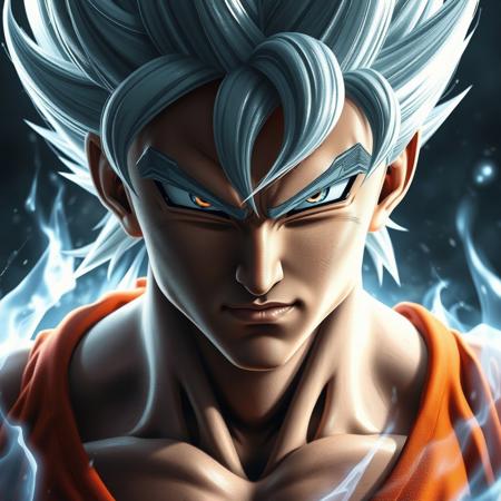A realistic lifelike full body portrait of Goku in ultra instinct mode reimagined as a real person.   with silver & white hair, silver aura around his body, intense look