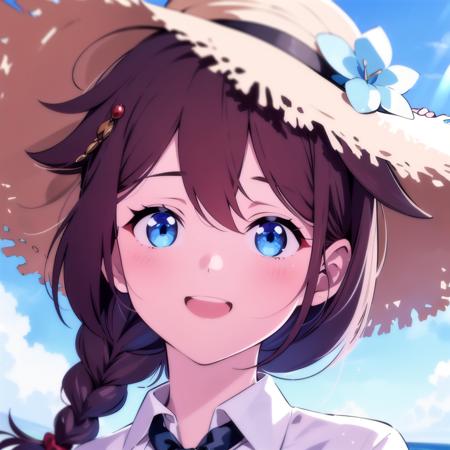 (masterpiece), (best quality), (ultra-detailed), photorealistic, (best illustration), (an extremely delicate and beautiful), 1girl, detailed scenery, beach, blue sky, sunlight, finely detailed iris, detailed eyes, single braid, red ribbon, hair ornament, blue eyes, kcshigurek3su, crop top, collared shirt, white shirt, (black necktie:0.8), hair flaps, hair over shoulder, straw hat, hat flower, portrait, close-up, (bikini under clothes:0.7), see-through, bikini top, :d, hair ribbon,
<lora:shigurek3su_nai_5-51:0.9>