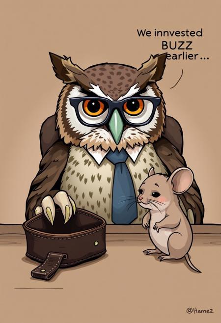 Owl Financial Advisor – A wise-looking owl wearing glasses and a tie sits behind a desk, looking at an empty wallet. He adjusts his glasses and sighs: "You should have invested in BUZZ earlier." A tiny mouse client sitting across from him bursts into tears.