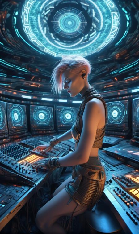 <lora:wallis_day_xl_lora_33:1> wallis day woman, a fisheye lens photo of a post apocalyptic tribal cyborg dj tweaking and playing synthesizers in the most complicated and technical spiral fractal musical studio, powerful, cinematic, beautifully lit, by donato giancola, by artgerm, by karol bak, 3d, perfect face and body, trending on artstation, octane render, 8k Ultra