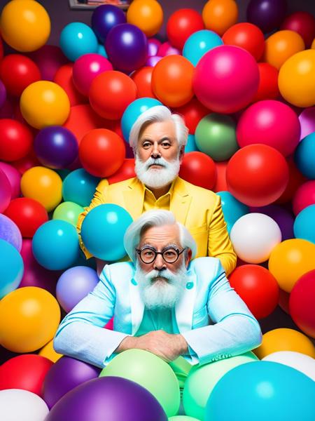 <lora:AlejandroJodorowsky:1>a man with white hair and beard sitting in a room filled with colorful balls by Alejandro Jodorowsky