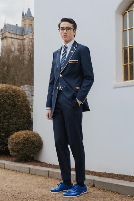 RAW photo, figma, a portrait photo of 20 y.o man wearing glasses, [(school boy uniform with ((blue school suit and blue school trousers with gold trim), (red school tie), (white socks), (black school shoes))):(christmas toy soldier costume):0.9] <lora:christmas_toy_soldier_costume-02:0.1>  <lora:figmaAnimeFigures_figma:0.1>, (standing straight next to the castle school), out door, full body, 8k uhd, high quality, film grain, Fujifilm XT3,