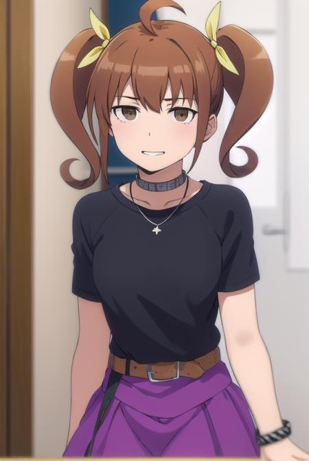 kanaokurusu, <lora:kanao kurusu s2-lora-nochekaiser:1>,
kanao kurusu, brown hair, ribbon, twintails, (brown eyes:1.5), hair ribbon, ahoge, smile, grin,
BREAK jewelry, necklace, collar, bracelet, shirt, black shirt, belt, skirt, purple skirt,
BREAK indoors,
BREAK looking at viewer, (cowboy shot:1.5),
BREAK <lyco:GoodHands-beta2:1>, (masterpiece:1.2), best quality, high resolution, unity 8k wallpaper, (illustration:0.8), (beautiful detailed eyes:1.6), extremely detailed face, perfect lighting, extremely detailed CG, (perfect hands, perfect anatomy),