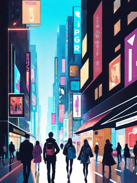 <lora:KilianEng:1>a painting of people walking down a street in a city with buildings and neon lights by Kilian Eng