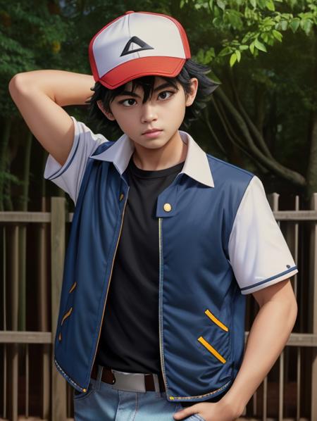 .35mm, 1boy, OGAshK, baseball cap, black hair, short hair, spiked hair, brown eyes, outdoors, outdoors, park, blue jacket with white sleeves, black shirt, jeans, upper body,  realistic, vibrant, highly detailed, <lora:Detail - add_detail:0.2>, <lora:Character - AshOG:0.9>