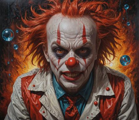 overhead shot, mad scientist, evil clown,eyes red <lora:more_details:1.5>, Magic realism painting art style, surreal compositions, vibrant colors, blurs the line between reality and fantasy