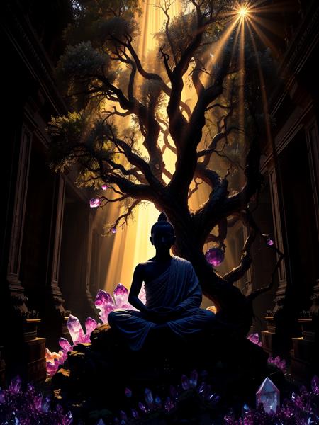 sparkling amethyst crystals, 
Double exposure, a shadow image of a Buddhist monk is sitting cross legged meditating in the dark recesses of an ancient  temple, trees are growing all around him, entwining with his body, golden shafts of light are shining through the treetops giving an epic fantasy feel to the image