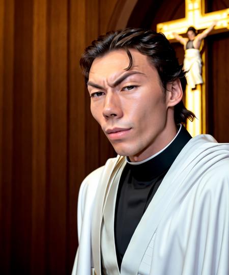 (kazuya) , solo, 4K, as a (priest:1.1), wearing a white (cassock:1.2), holy cross locket,  church background, HQ, highres
 <lora:Kazuya2:0.72>