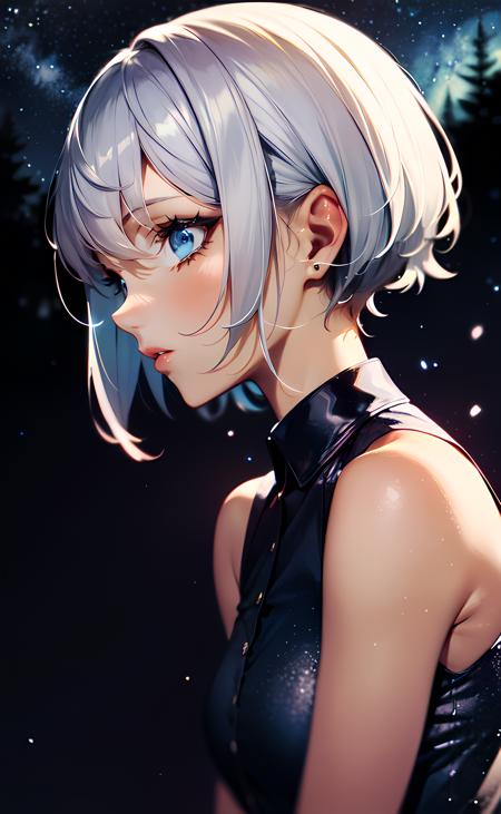 1girl, close up, shoulder focus, from side, short hair, silver hair, blue eyes, black dress, collared dress, sleeveless dress, bare shoulders, bare arms, night, night sky